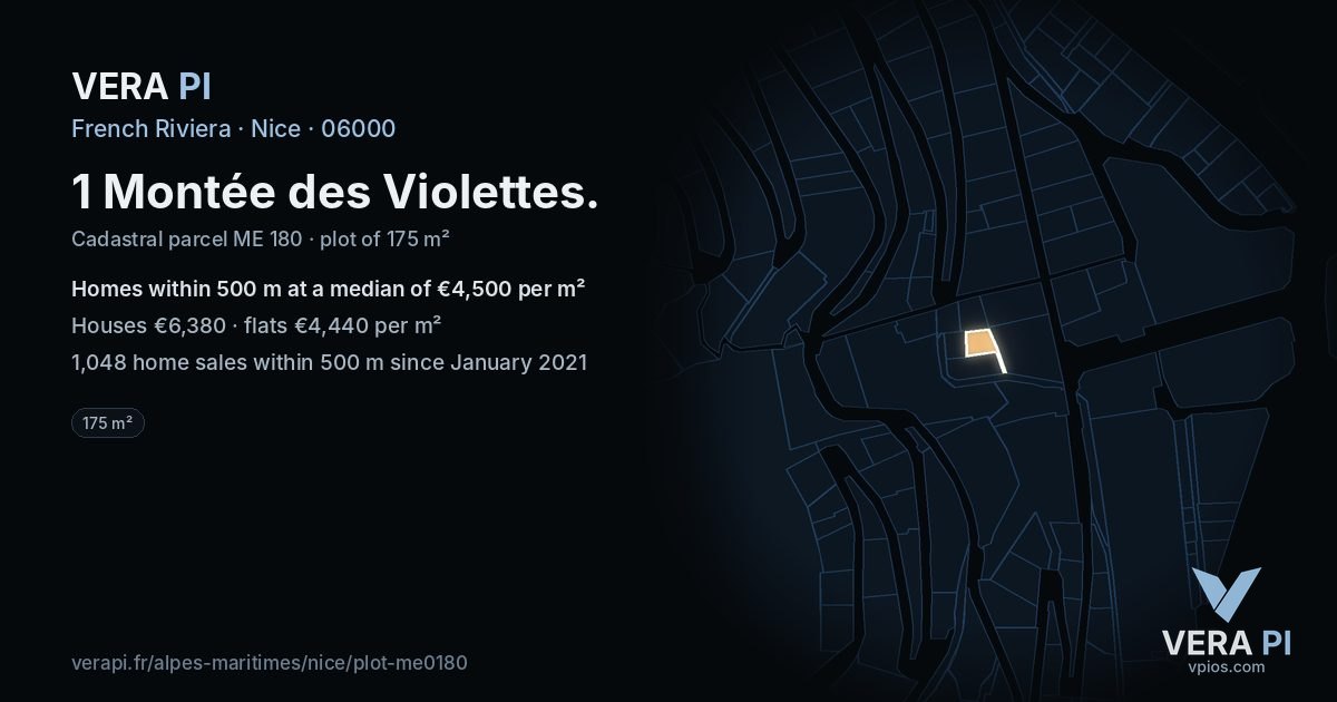 1 Montée des Violettes, Nice at night – the plot lit, the parcels around coloured by the prices near them