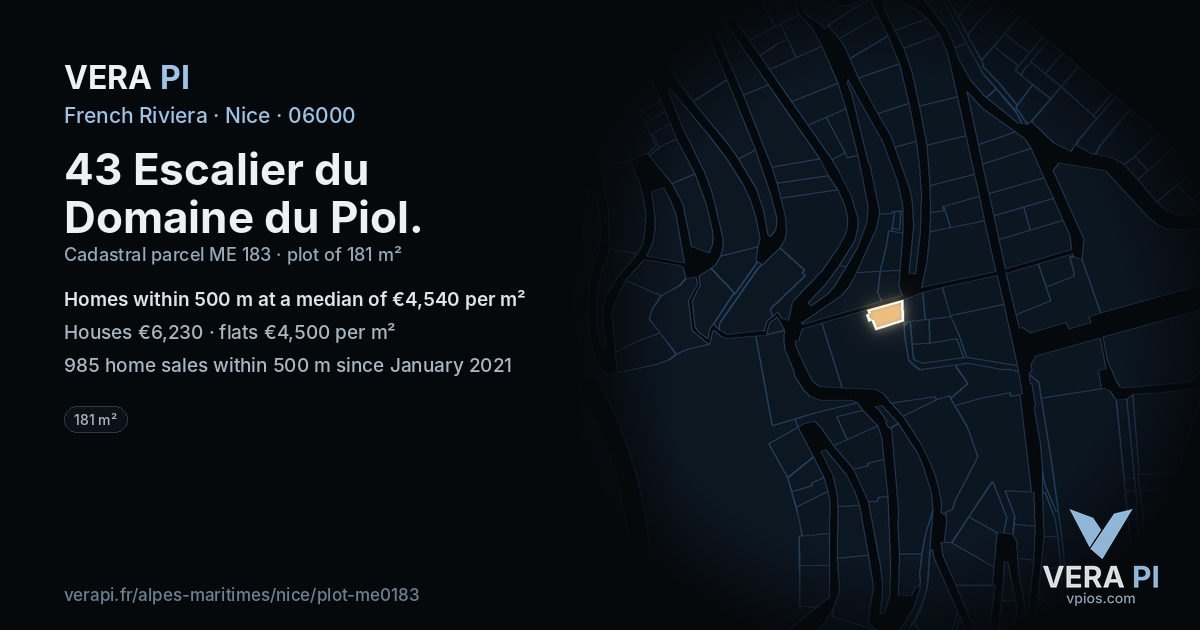 43 Escalier du Domaine du Piol, Nice at night – the plot lit, the parcels around coloured by the prices near them