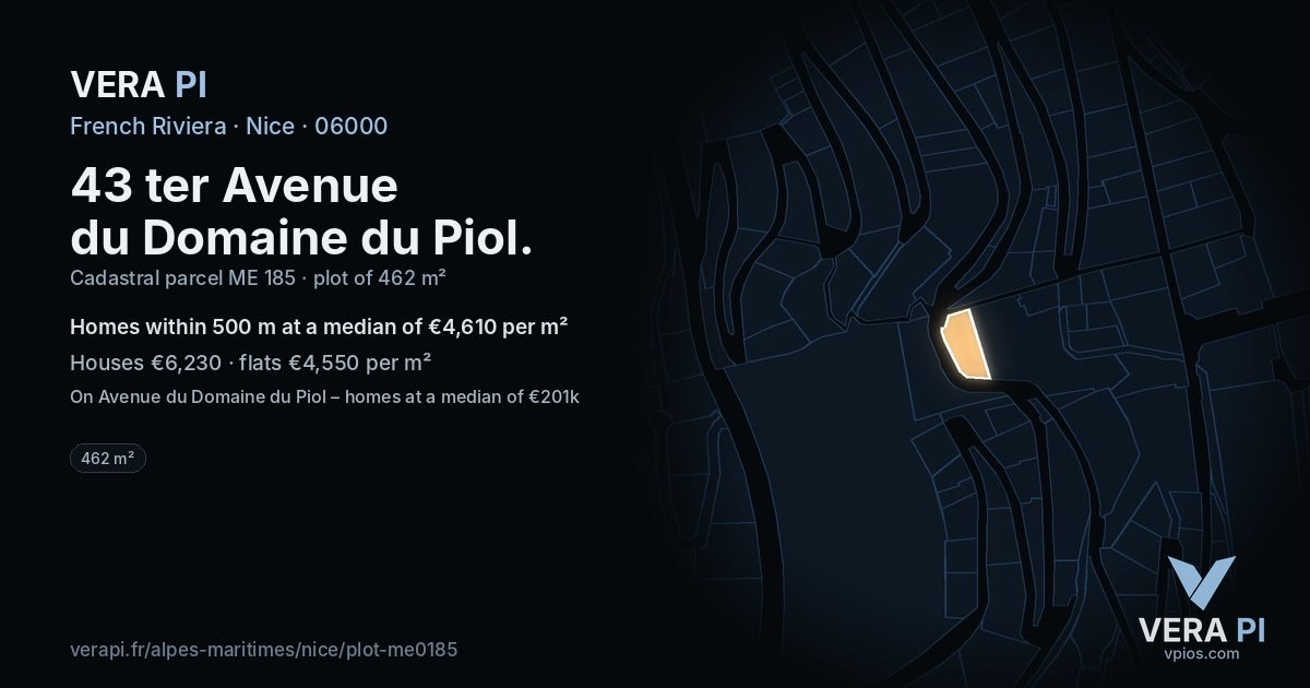 43 ter Avenue du Domaine du Piol, Nice at night – the plot lit, the parcels around coloured by the prices near them