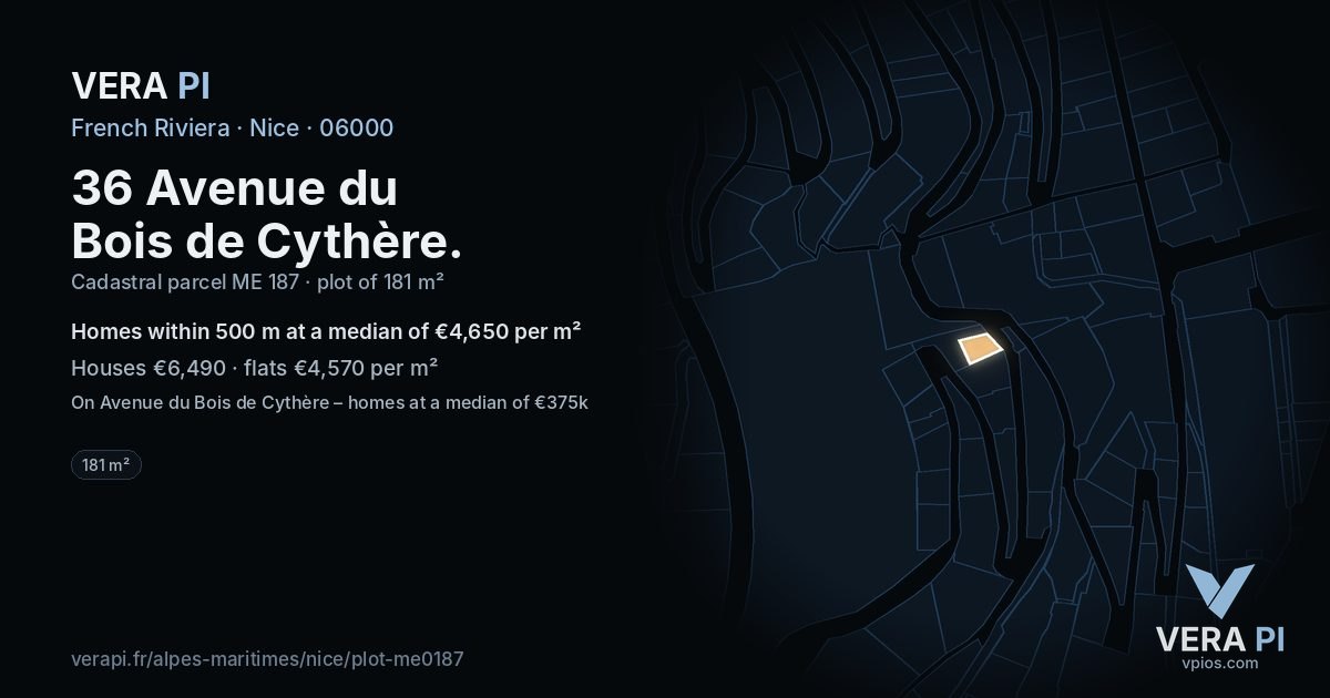 36 Avenue du Bois de Cythère, Nice at night – the plot lit, the parcels around coloured by the prices near them