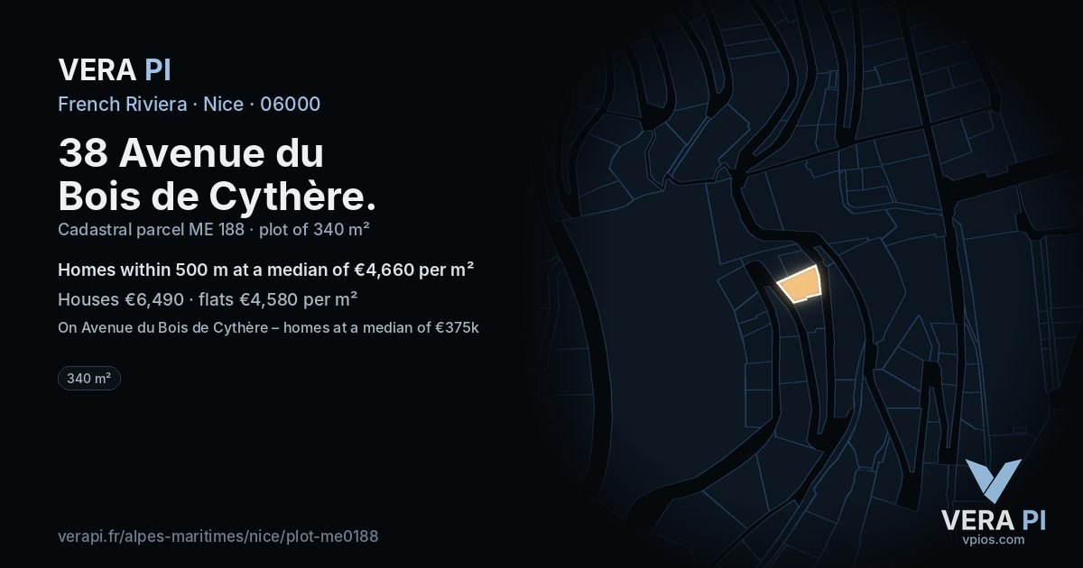 38 Avenue du Bois de Cythère, Nice at night – the plot lit, the parcels around coloured by the prices near them