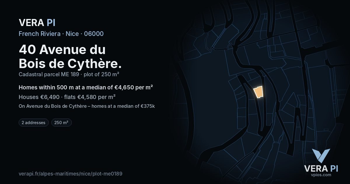 40 Avenue du Bois de Cythère, Nice at night – the plot lit, the parcels around coloured by the prices near them