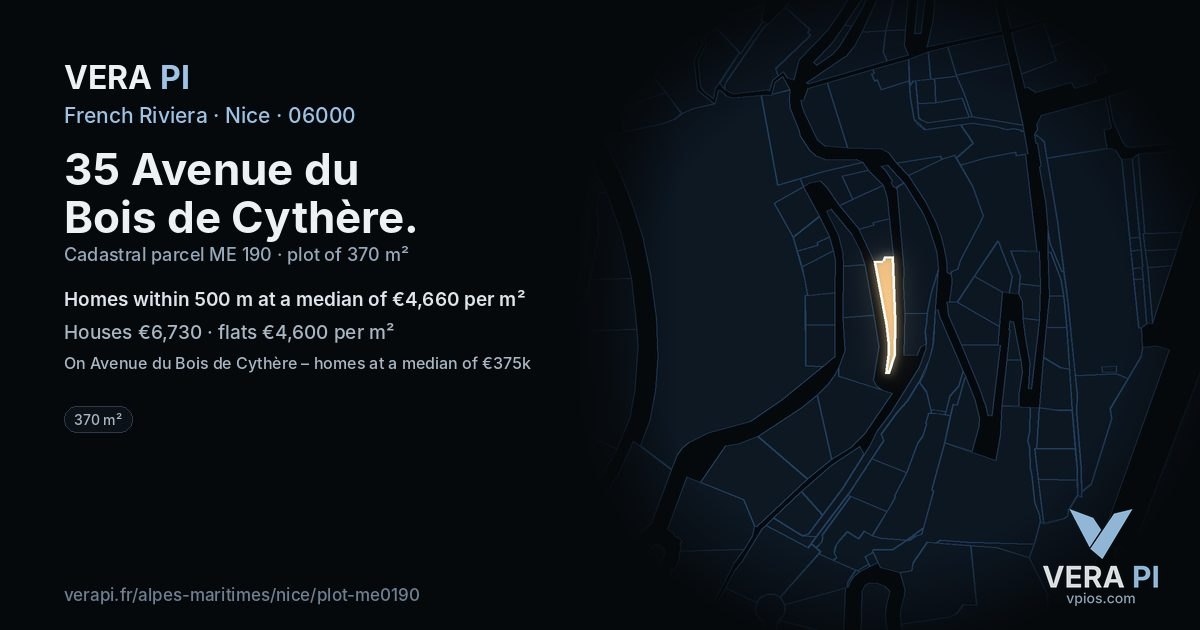 35 Avenue du Bois de Cythère, Nice at night – the plot lit, the parcels around coloured by the prices near them