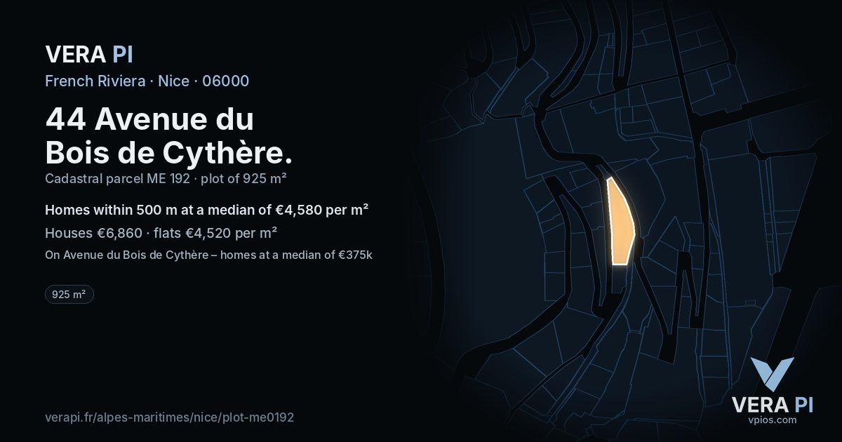44 Avenue du Bois de Cythère, Nice at night – the plot lit, the parcels around coloured by the prices near them