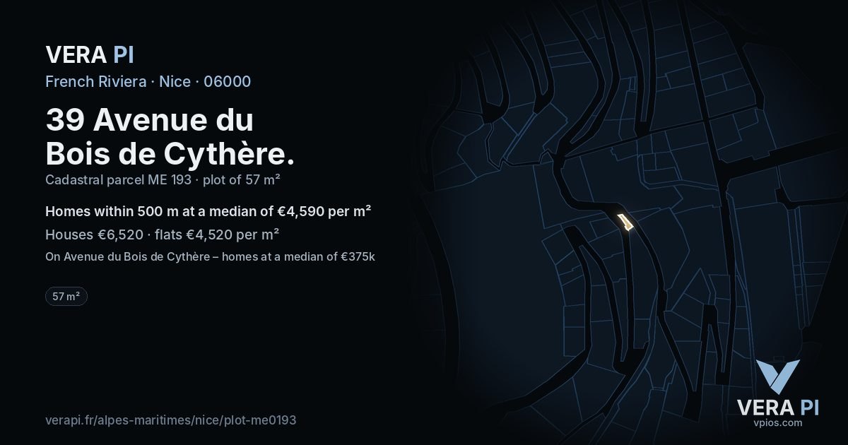 39 Avenue du Bois de Cythère, Nice at night – the plot lit, the parcels around coloured by the prices near them
