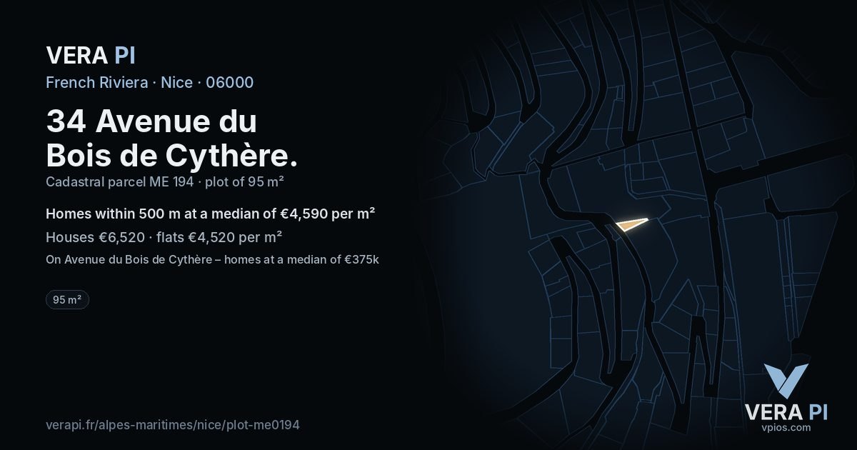 34 Avenue du Bois de Cythère, Nice at night – the plot lit, the parcels around coloured by the prices near them