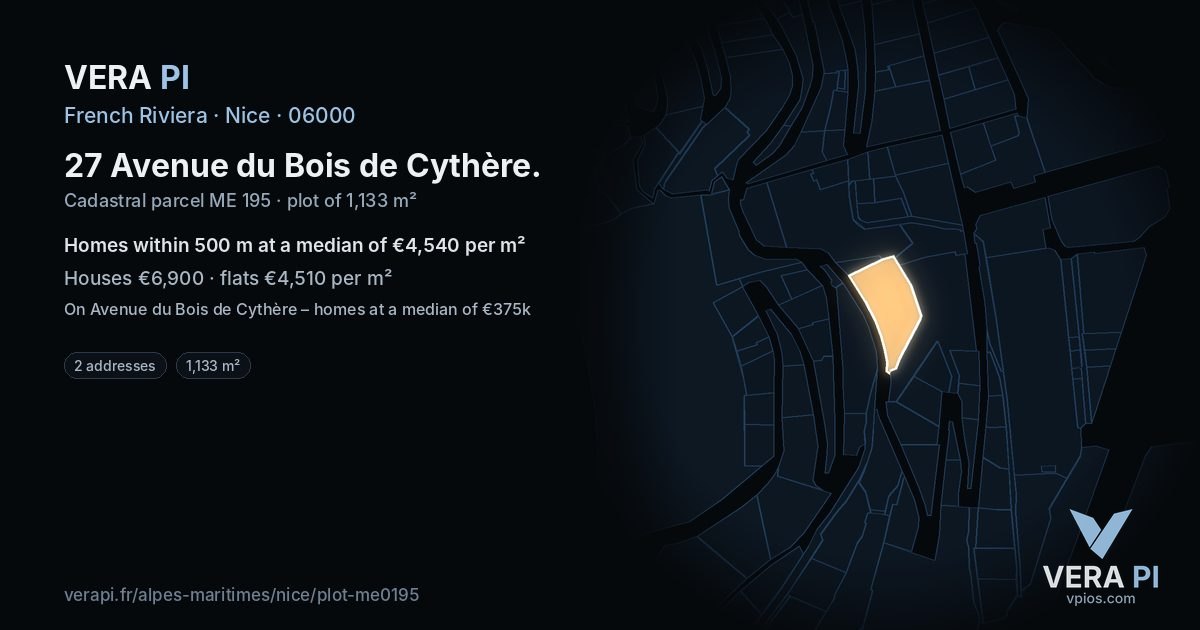 27 Avenue du Bois de Cythère, Nice at night – the plot lit, the parcels around coloured by the prices near them