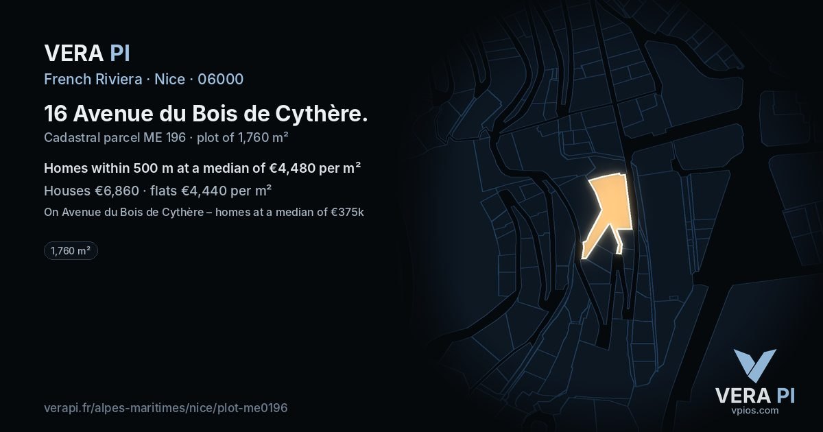 16 Avenue du Bois de Cythère, Nice at night – the plot lit, the parcels around coloured by the prices near them