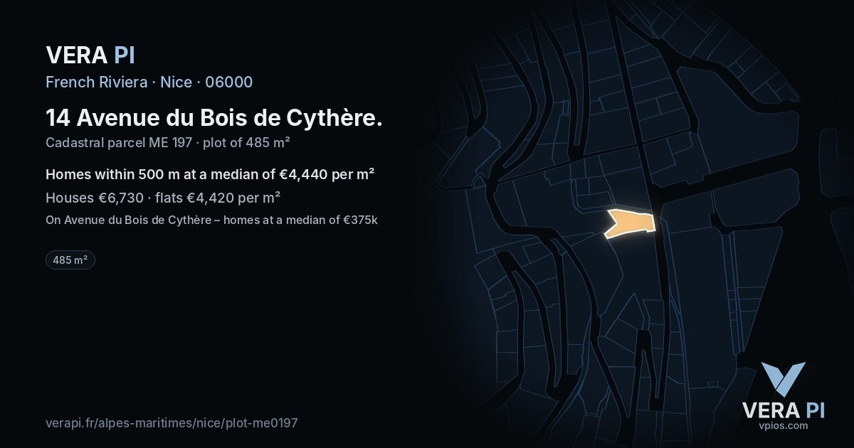 14 Avenue du Bois de Cythère, Nice at night – the plot lit, the parcels around coloured by the prices near them