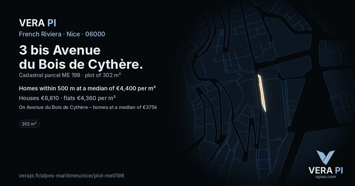 3 bis Avenue du Bois de Cythère, Nice at night – the plot lit, the parcels around coloured by the prices near them