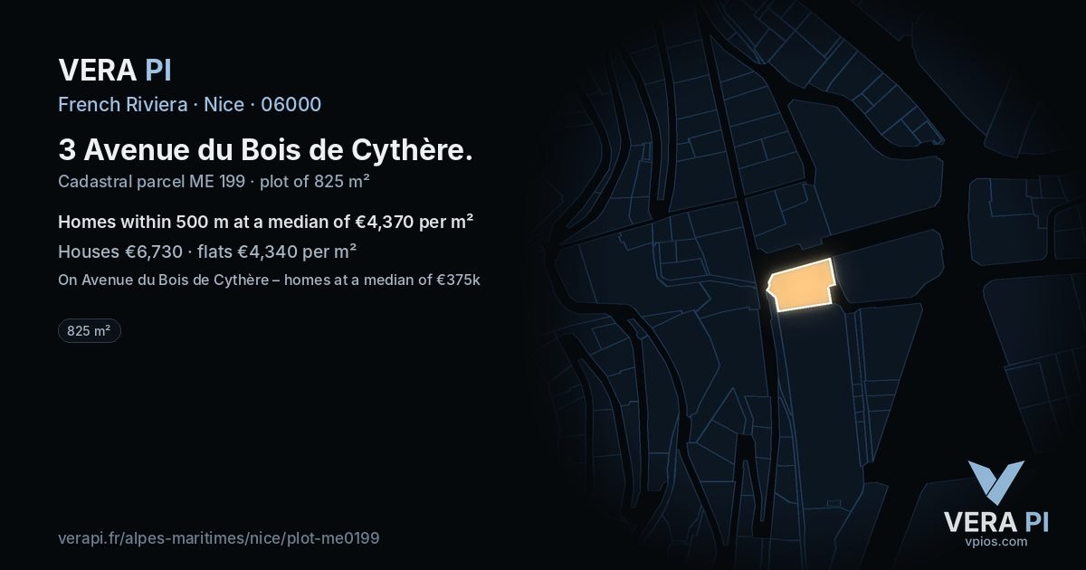 3 Avenue du Bois de Cythère, Nice at night – the plot lit, the parcels around coloured by the prices near them