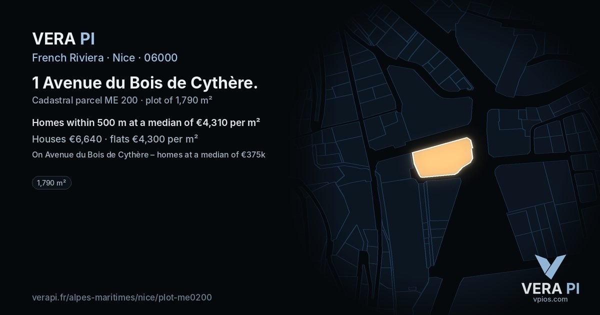 1 Avenue du Bois de Cythère, Nice at night – the plot lit, the parcels around coloured by the prices near them
