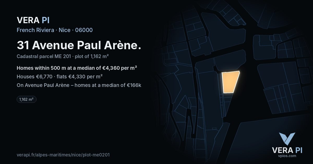 31 Avenue Paul Arène, Nice at night – the plot lit, the parcels around coloured by the prices near them