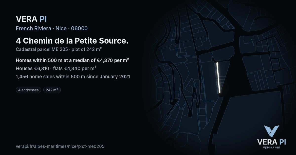 4 Chemin de la Petite Source, Nice at night – the plot lit, the parcels around coloured by the prices near them