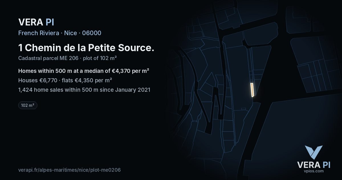 1 Chemin de la Petite Source, Nice at night – the plot lit, the parcels around coloured by the prices near them