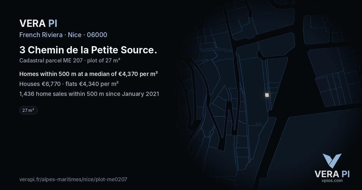 3 Chemin de la Petite Source, Nice at night – the plot lit, the parcels around coloured by the prices near them