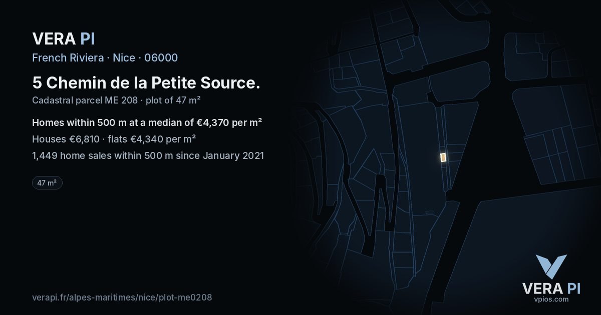 5 Chemin de la Petite Source, Nice at night – the plot lit, the parcels around coloured by the prices near them