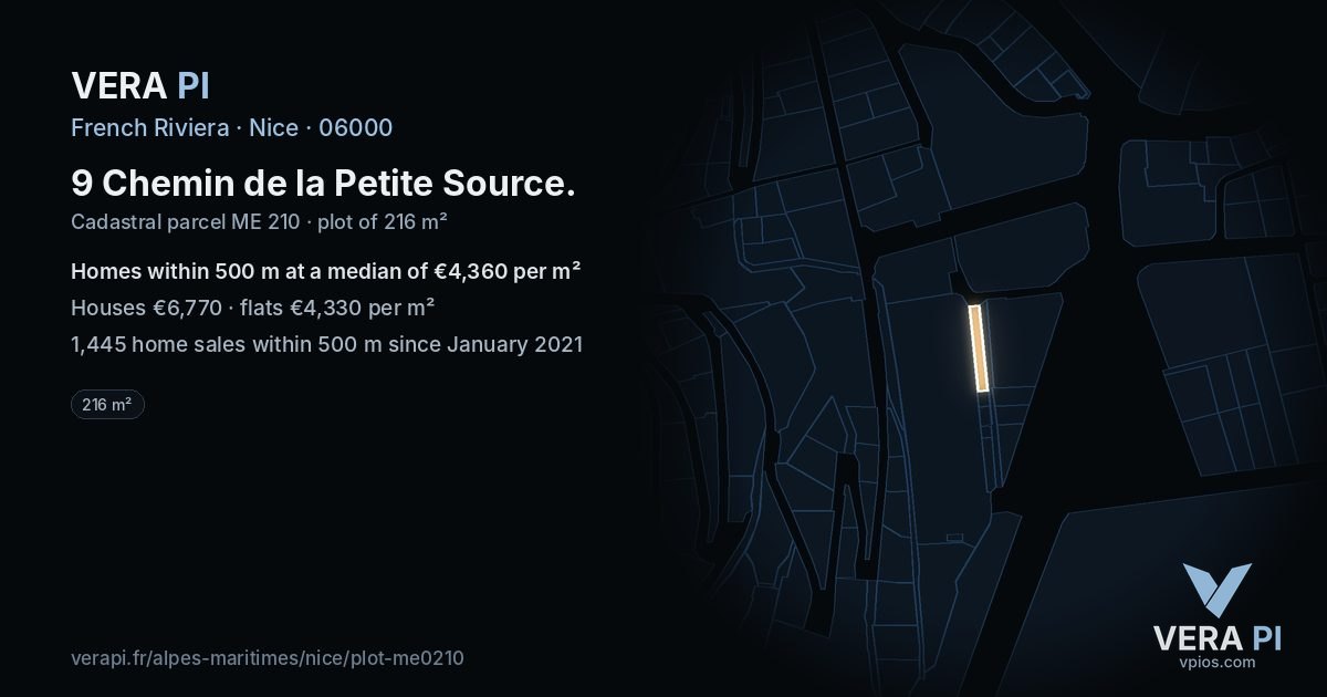 9 Chemin de la Petite Source, Nice at night – the plot lit, the parcels around coloured by the prices near them