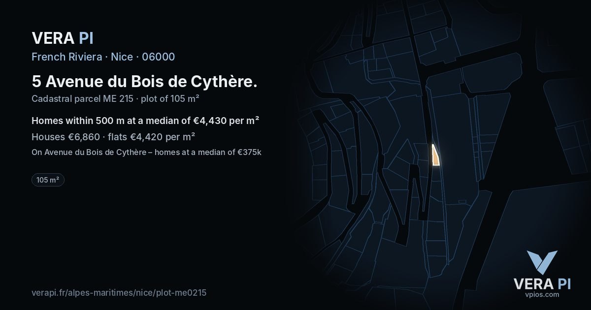 5 Avenue du Bois de Cythère, Nice at night – the plot lit, the parcels around coloured by the prices near them