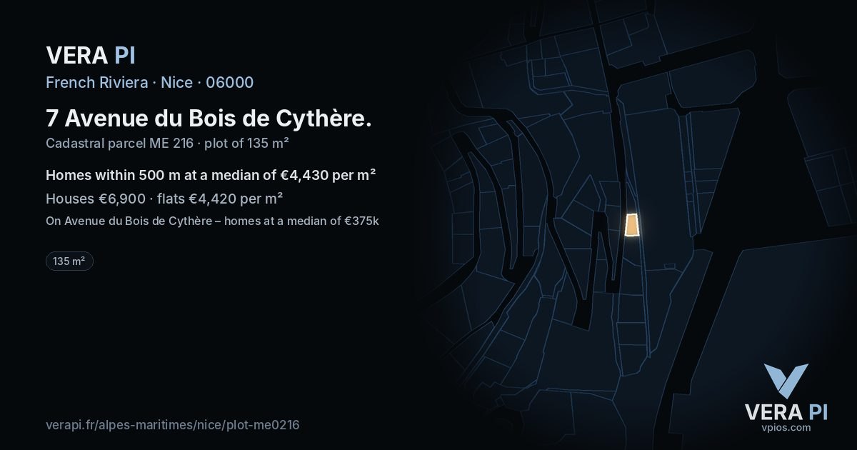 7 Avenue du Bois de Cythère, Nice at night – the plot lit, the parcels around coloured by the prices near them
