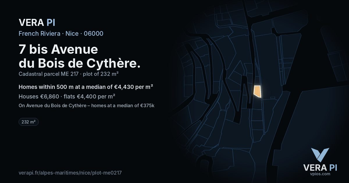 7 bis Avenue du Bois de Cythère, Nice at night – the plot lit, the parcels around coloured by the prices near them