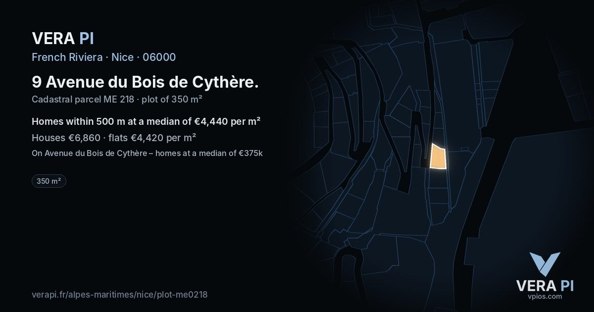 9 Avenue du Bois de Cythère, Nice at night – the plot lit, the parcels around coloured by the prices near them