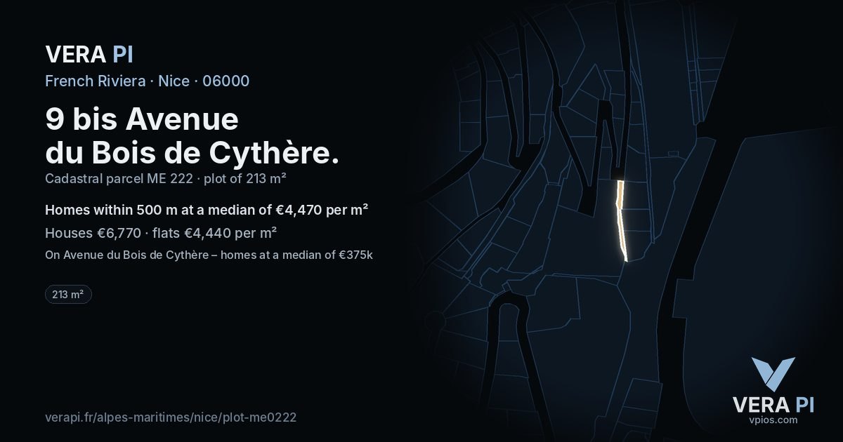 9 bis Avenue du Bois de Cythère, Nice at night – the plot lit, the parcels around coloured by the prices near them