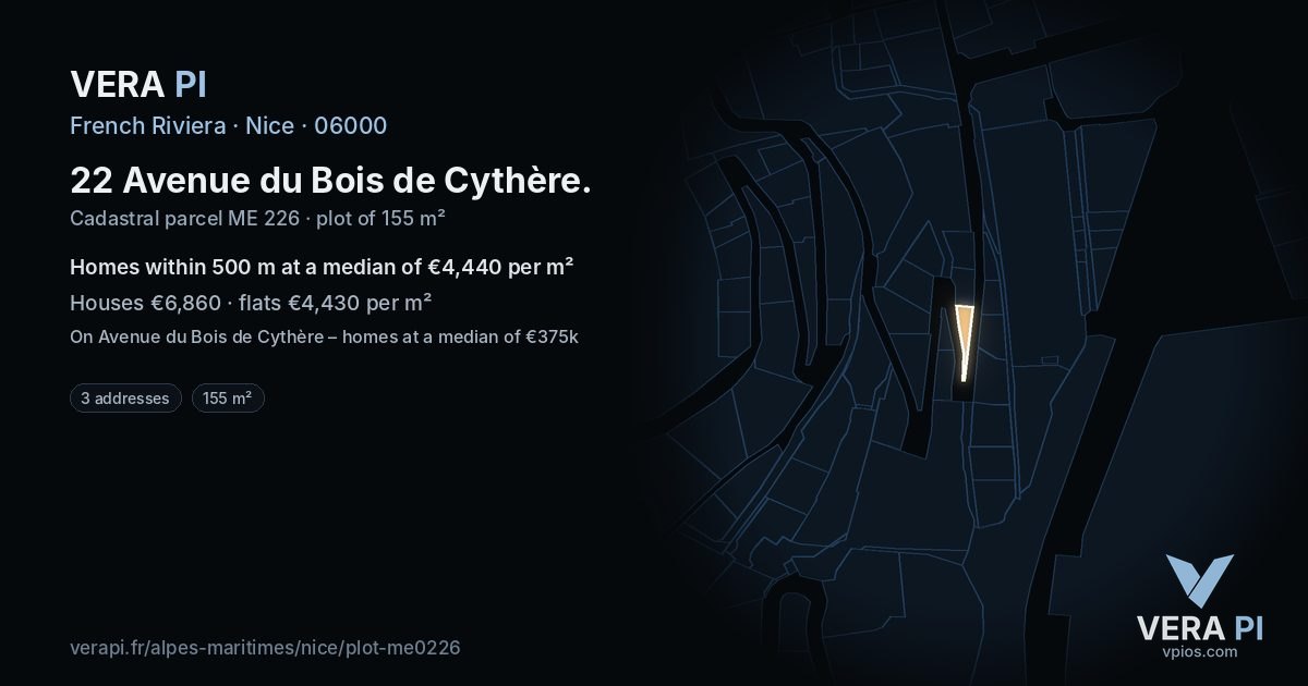 22 Avenue du Bois de Cythère, Nice at night – the plot lit, the parcels around coloured by the prices near them