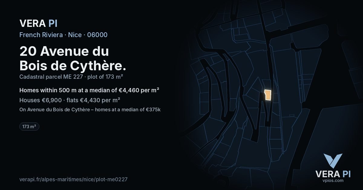 20 Avenue du Bois de Cythère, Nice at night – the plot lit, the parcels around coloured by the prices near them