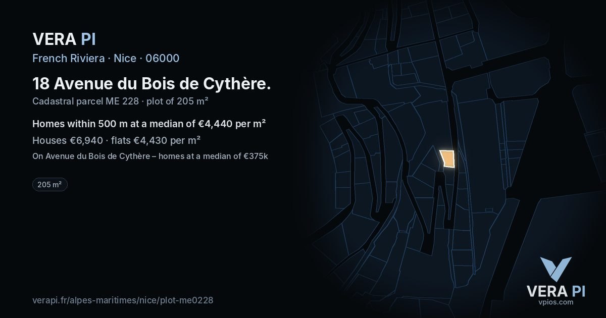 18 Avenue du Bois de Cythère, Nice at night – the plot lit, the parcels around coloured by the prices near them