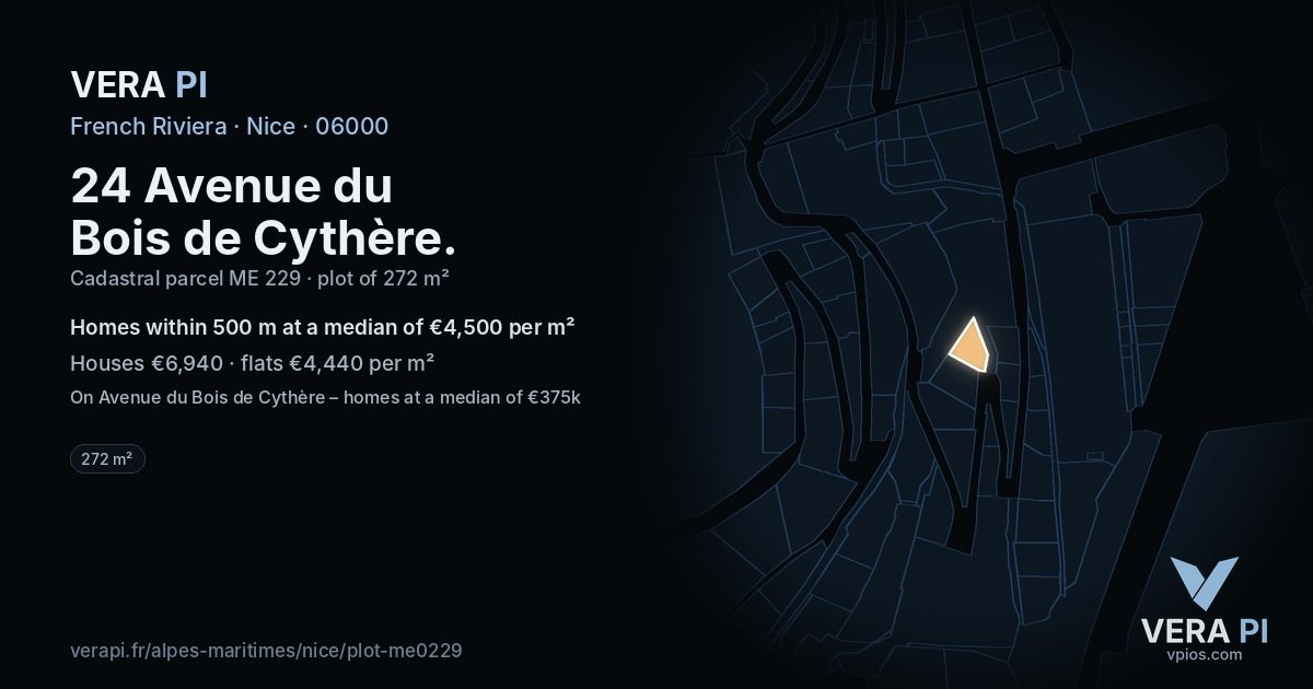 24 Avenue du Bois de Cythère, Nice at night – the plot lit, the parcels around coloured by the prices near them