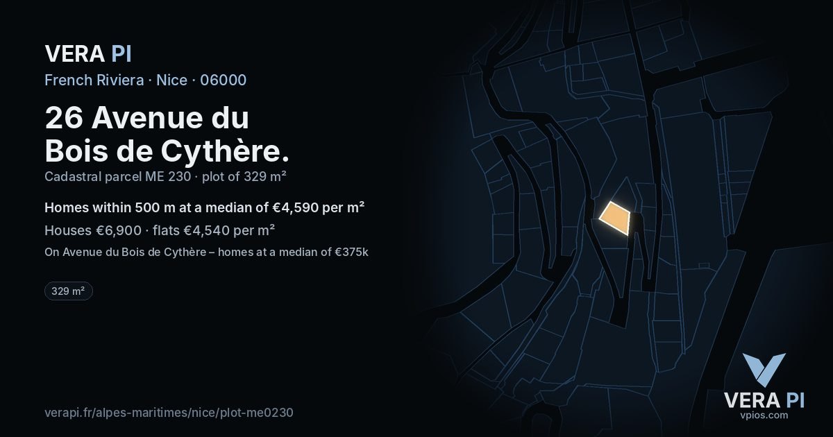 26 Avenue du Bois de Cythère, Nice at night – the plot lit, the parcels around coloured by the prices near them
