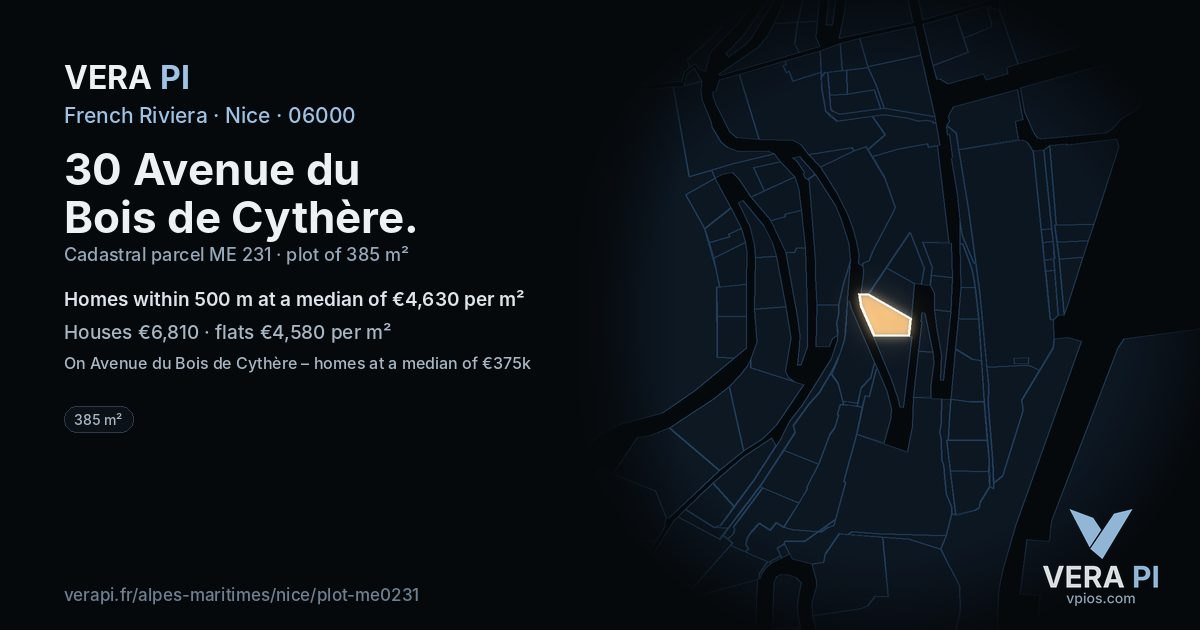 30 Avenue du Bois de Cythère, Nice at night – the plot lit, the parcels around coloured by the prices near them