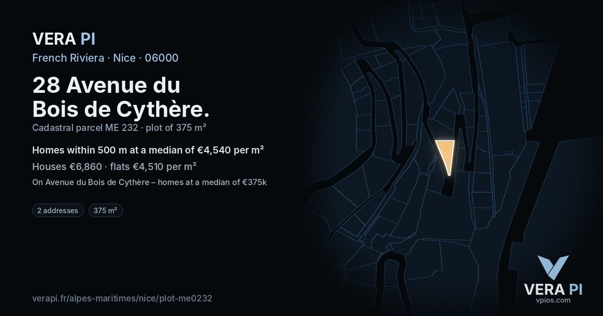 28 Avenue du Bois de Cythère, Nice at night – the plot lit, the parcels around coloured by the prices near them