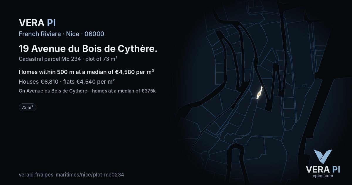 19 Avenue du Bois de Cythère, Nice at night – the plot lit, the parcels around coloured by the prices near them