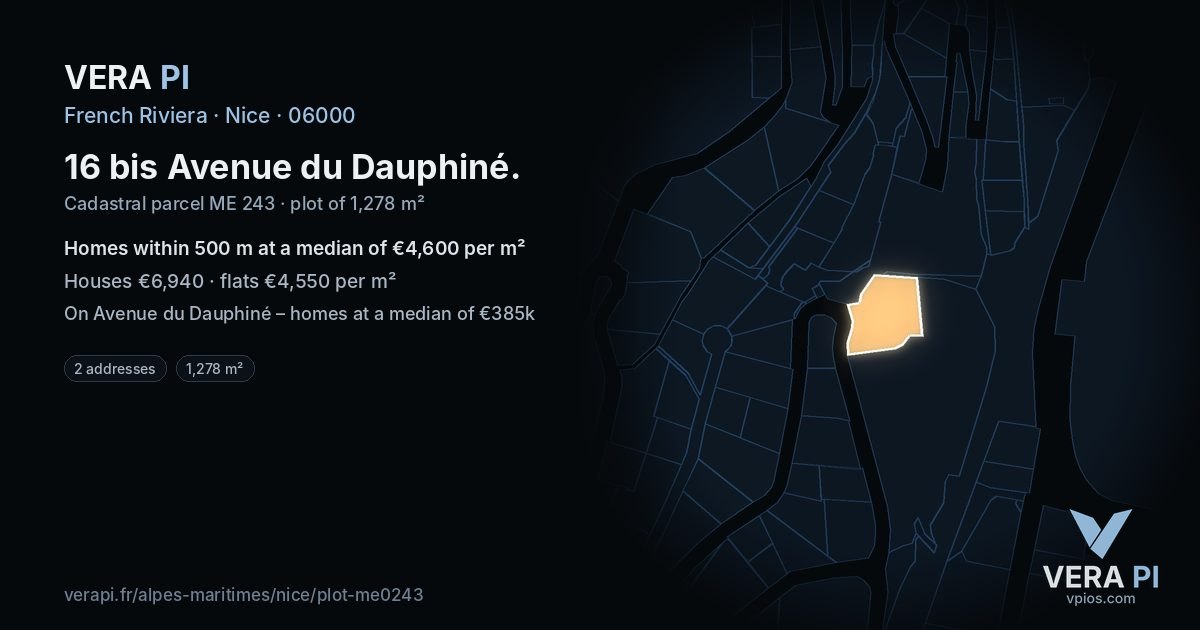 16 bis Avenue du Dauphiné, Nice at night – the plot lit, the parcels around coloured by the prices near them