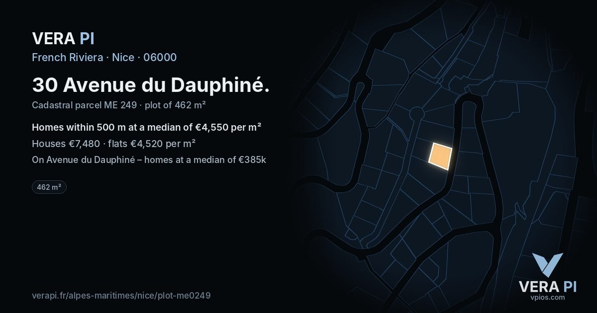 30 Avenue du Dauphiné, Nice at night – the plot lit, the parcels around coloured by the prices near them