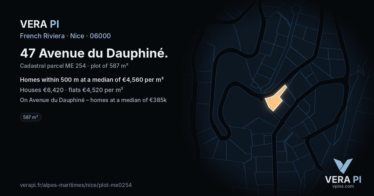 47 Avenue du Dauphiné, Nice at night – the plot lit, the parcels around coloured by the prices near them