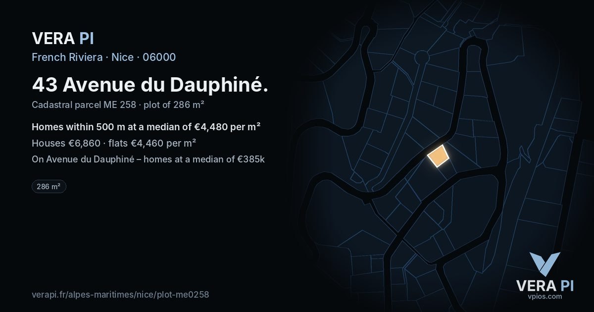 43 Avenue du Dauphiné, Nice at night – the plot lit, the parcels around coloured by the prices near them