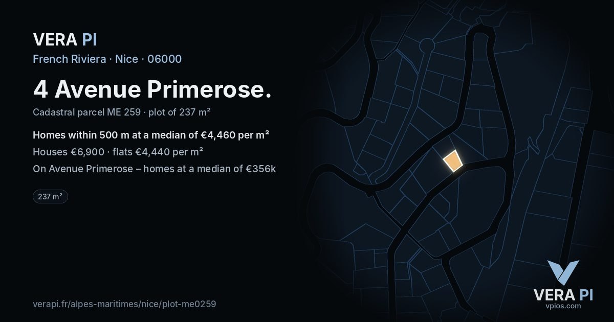 4 Avenue Primerose, Nice at night – the plot lit, the parcels around coloured by the prices near them