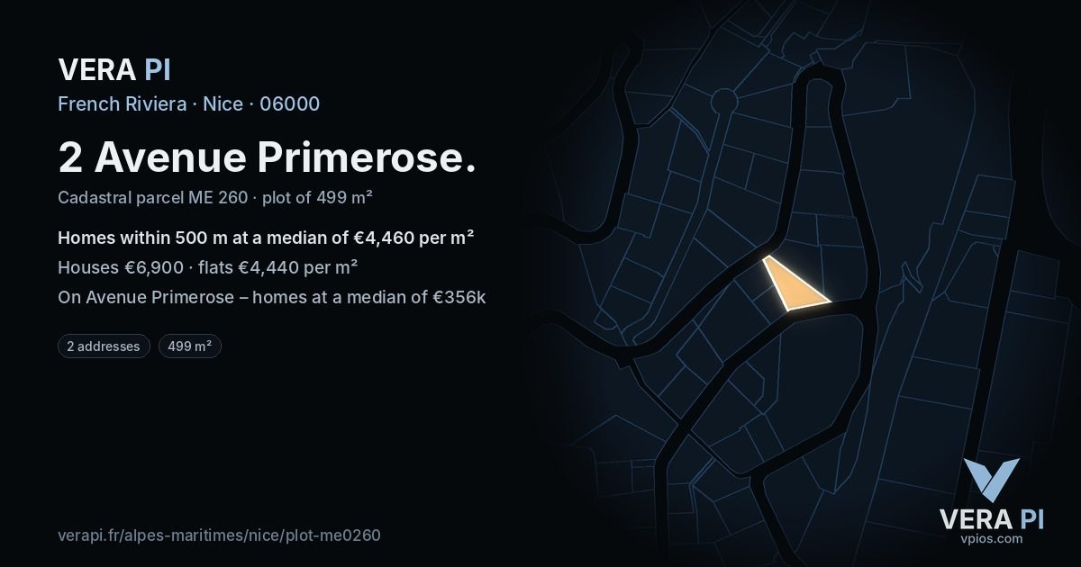 2 Avenue Primerose, Nice at night – the plot lit, the parcels around coloured by the prices near them