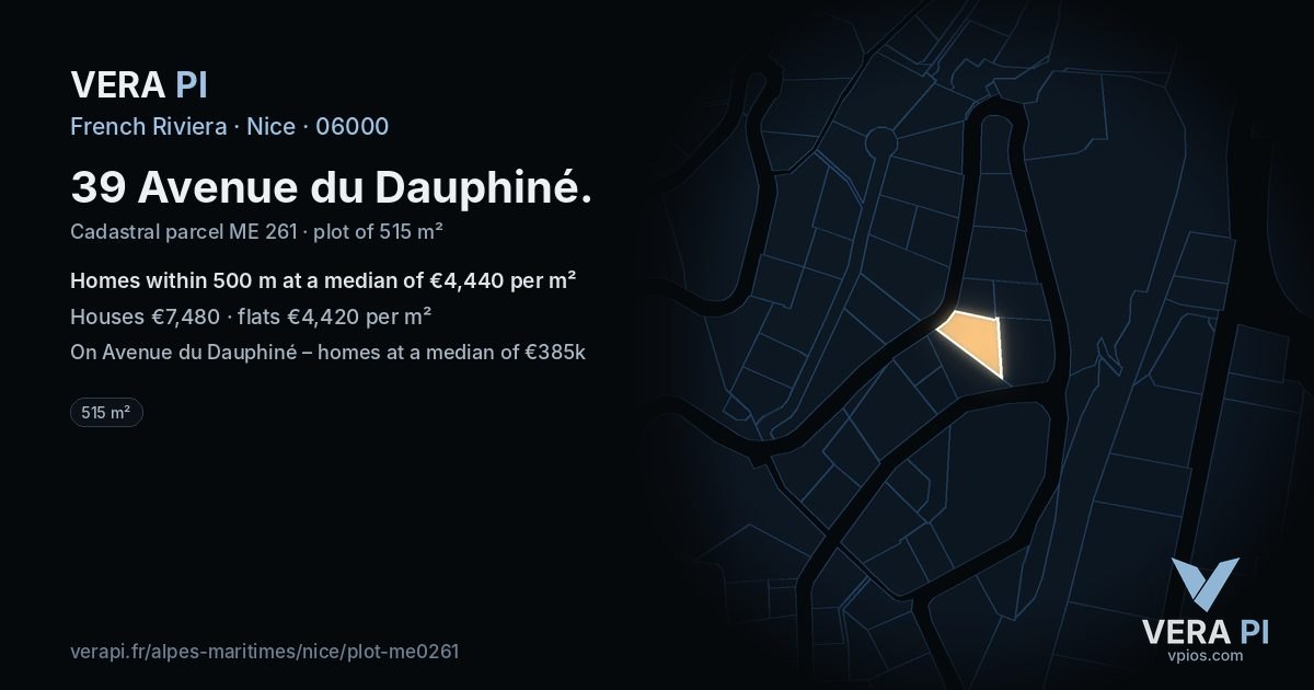 39 Avenue du Dauphiné, Nice at night – the plot lit, the parcels around coloured by the prices near them