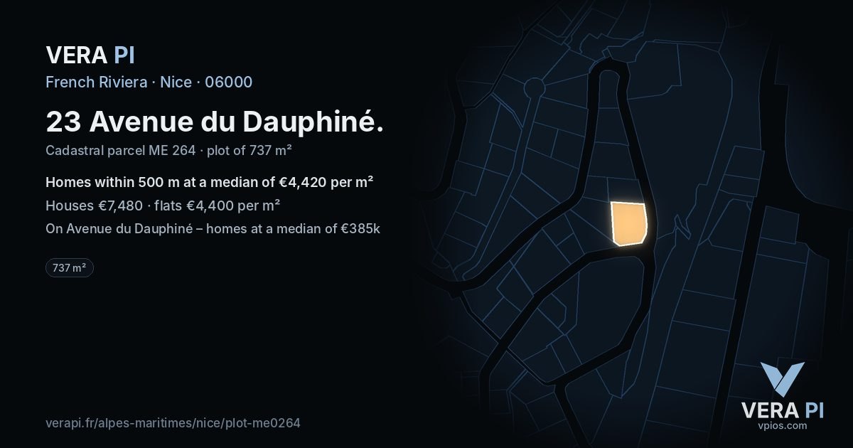 23 Avenue du Dauphiné, Nice at night – the plot lit, the parcels around coloured by the prices near them