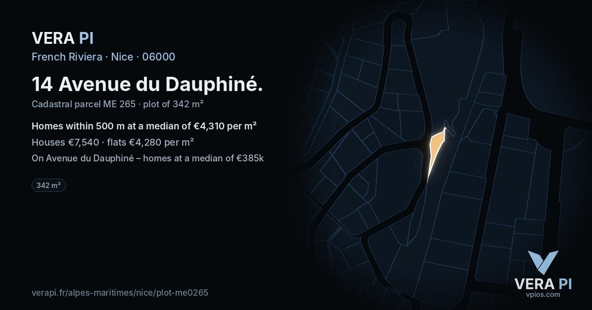 14 Avenue du Dauphiné, Nice at night – the plot lit, the parcels around coloured by the prices near them