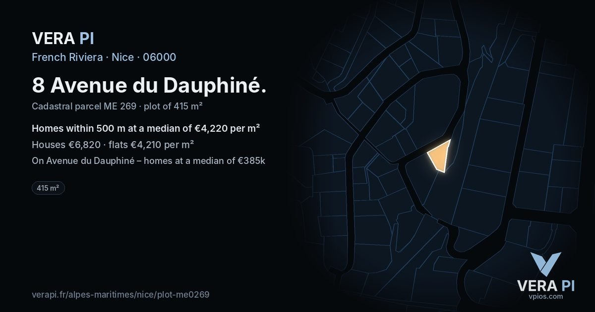 8 Avenue du Dauphiné, Nice at night – the plot lit, the parcels around coloured by the prices near them