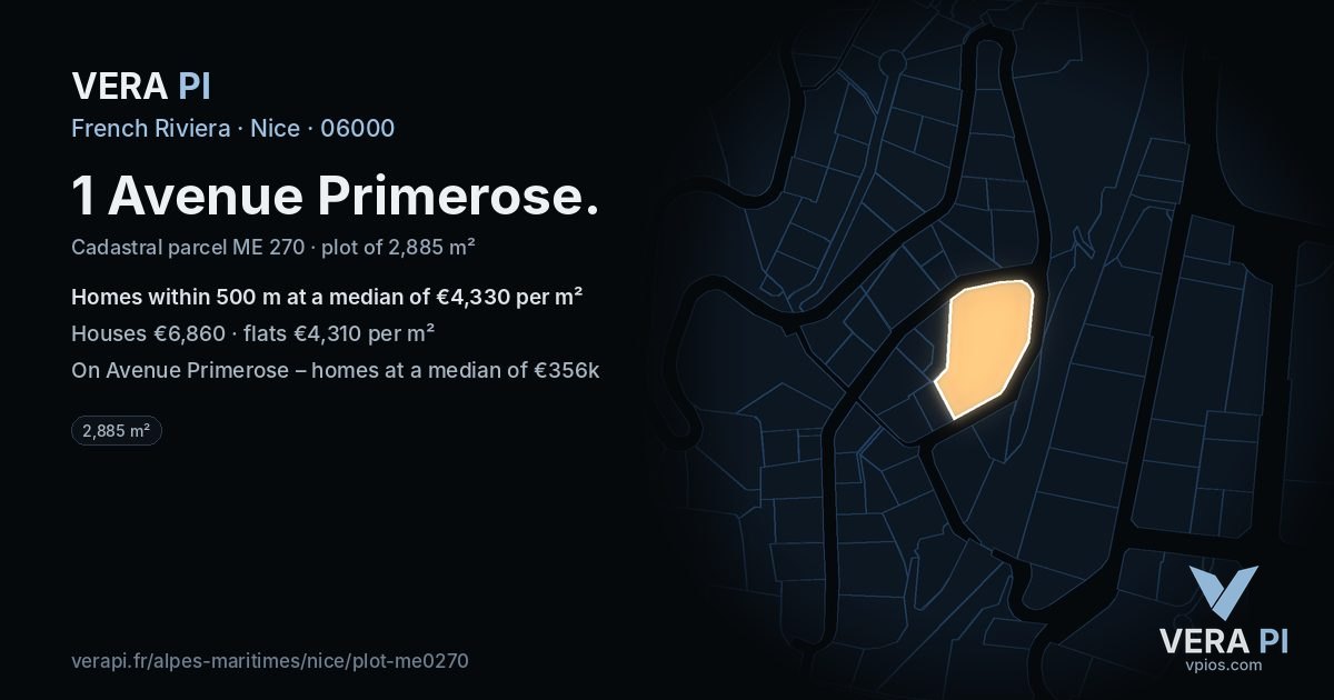 1 Avenue Primerose, Nice at night – the plot lit, the parcels around coloured by the prices near them