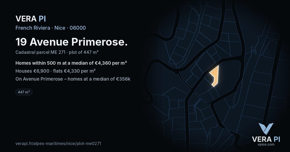19 Avenue Primerose, Nice at night – the plot lit, the parcels around coloured by the prices near them
