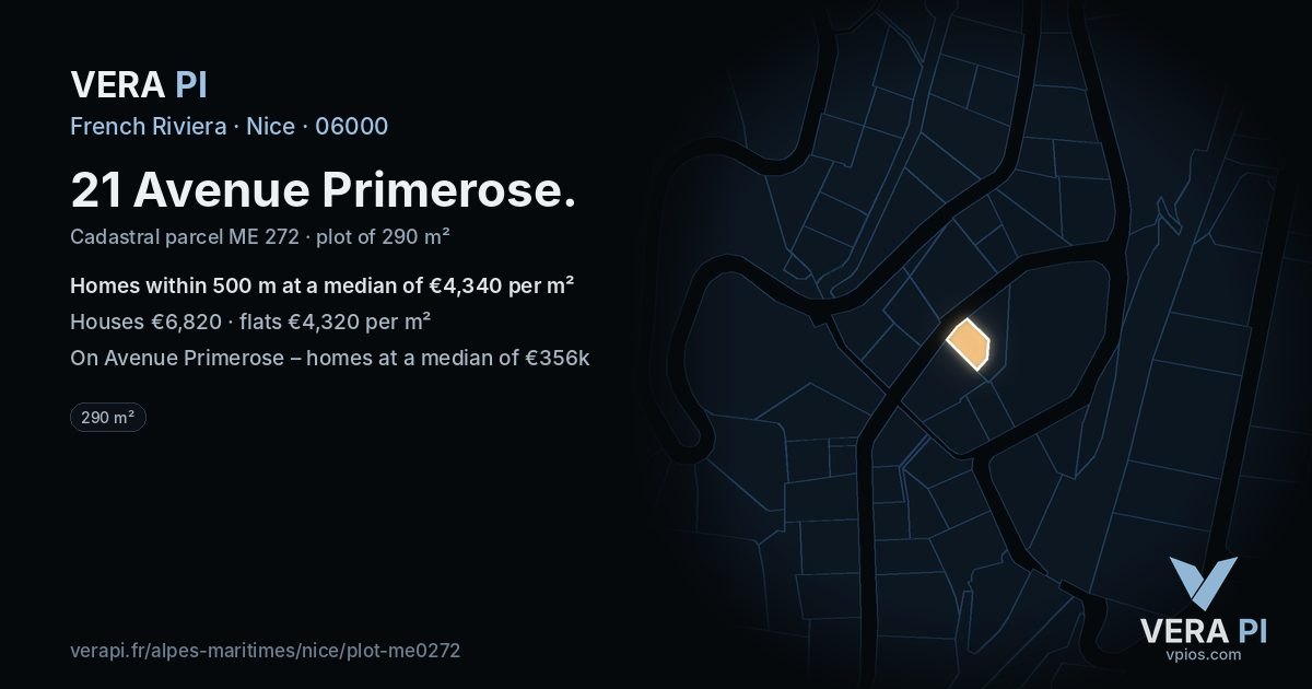 21 Avenue Primerose, Nice at night – the plot lit, the parcels around coloured by the prices near them