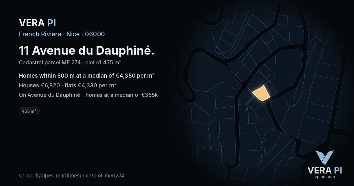 11 Avenue du Dauphiné, Nice at night – the plot lit, the parcels around coloured by the prices near them
