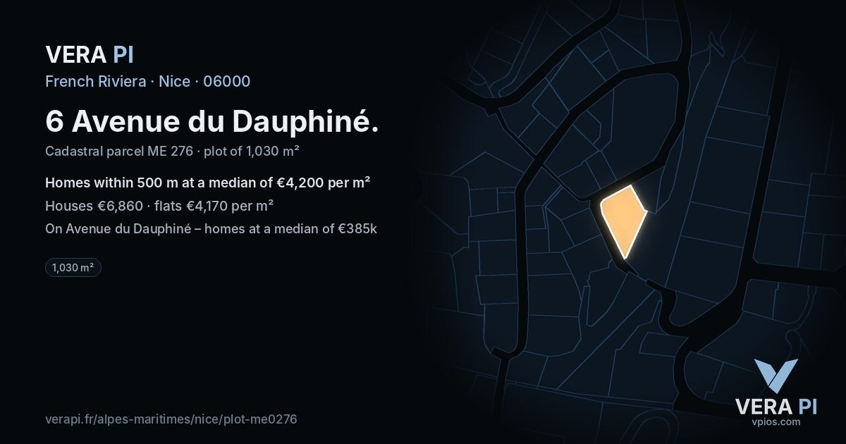 6 Avenue du Dauphiné, Nice at night – the plot lit, the parcels around coloured by the prices near them